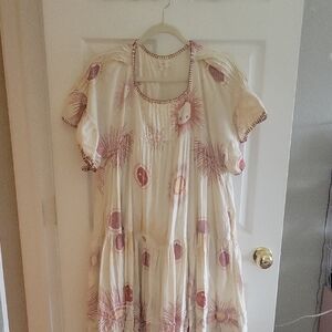 Cream Boho Tiered Gauze Dress with Pink Sunburst Print